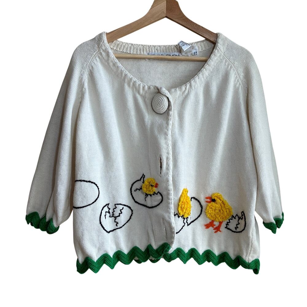 Michael Simon New York vintage knit chicks hatching white cardigan one size